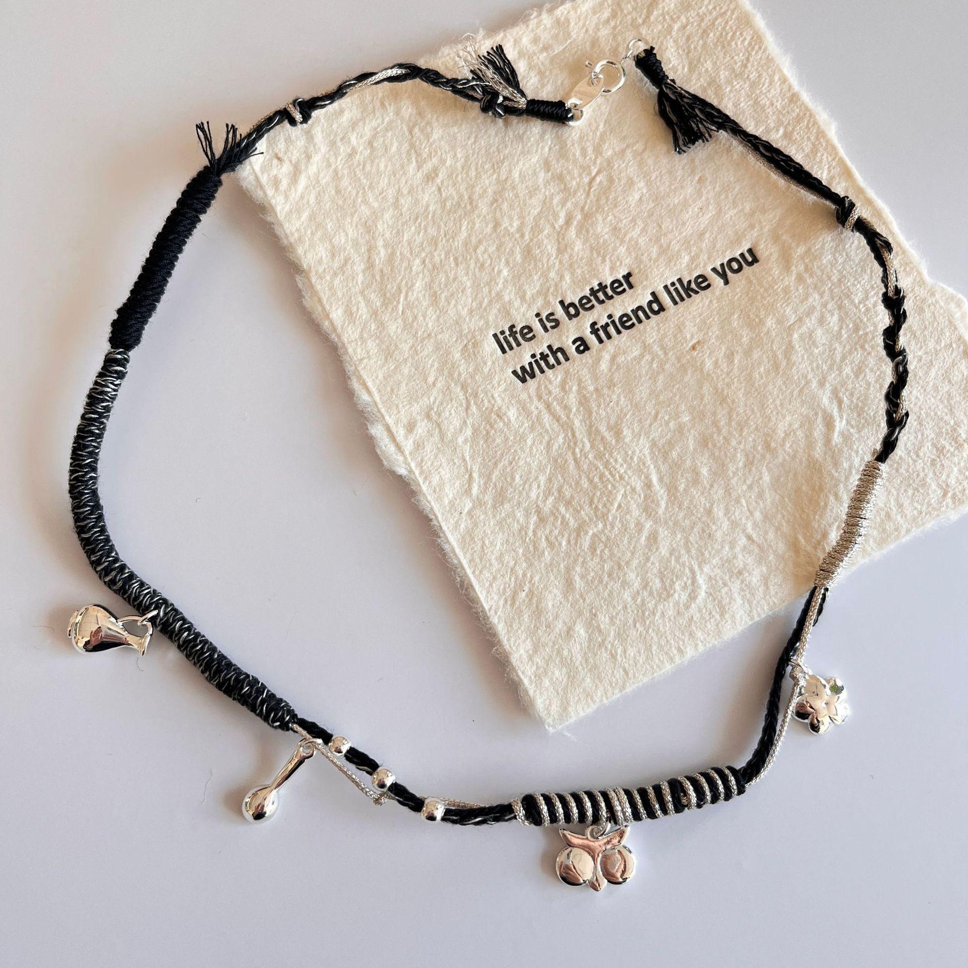 

Ожерелье из плетеной веревки, сова, цветок, керамический горшок, ложка, черный, серебряный, нишевый дизайн, премиум-чувство, ключичная цепочка