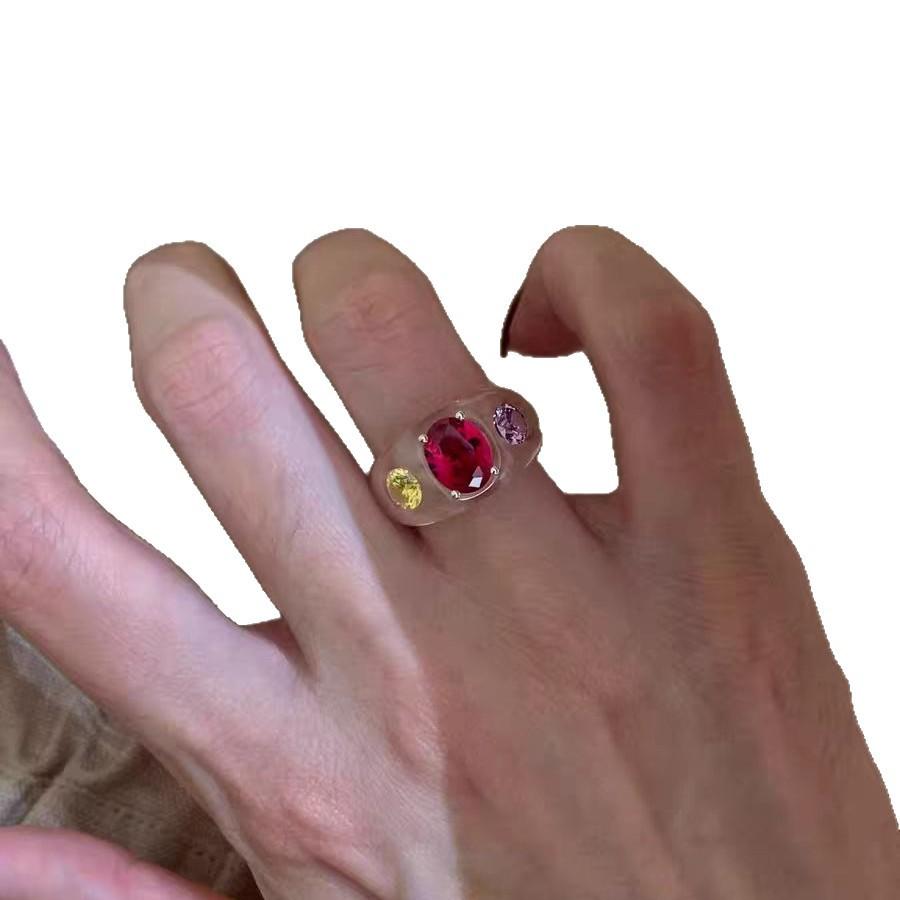 ins rose red ice crystal fructose ring women's imitation white crystal niche versatile color ice through jelly ring