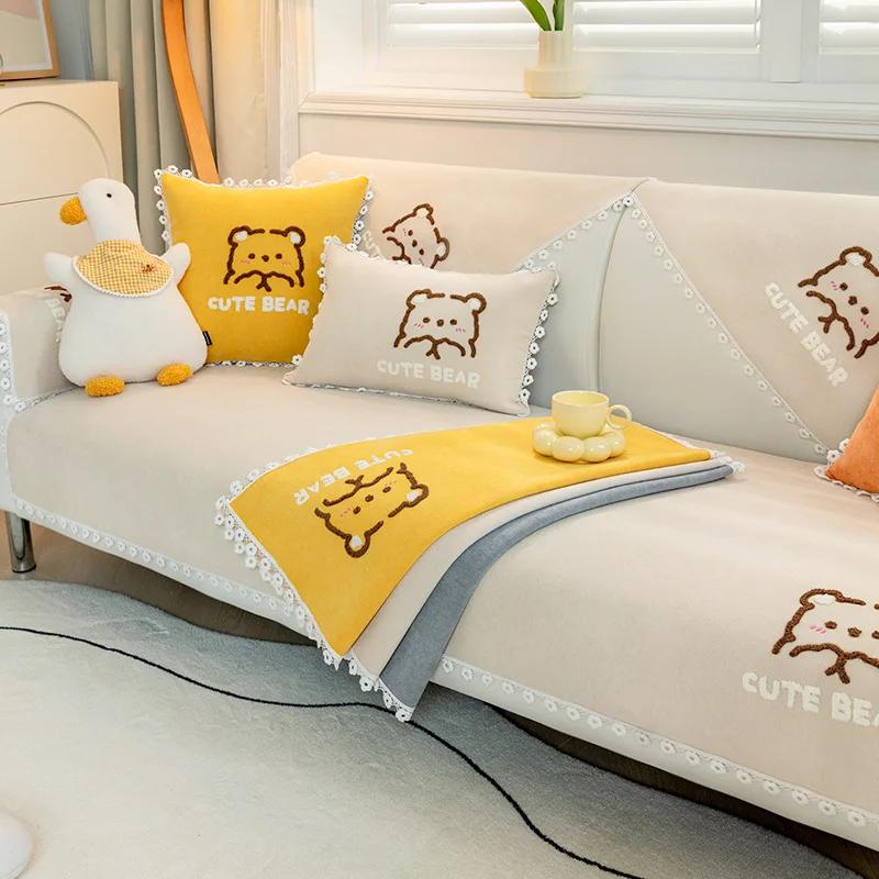 Capa de sofá moderna de urso fofo, renda branca com margaridas, almofadas antiderrapantes para sala de estar, capa de sofá universal para quatro estações, toalha