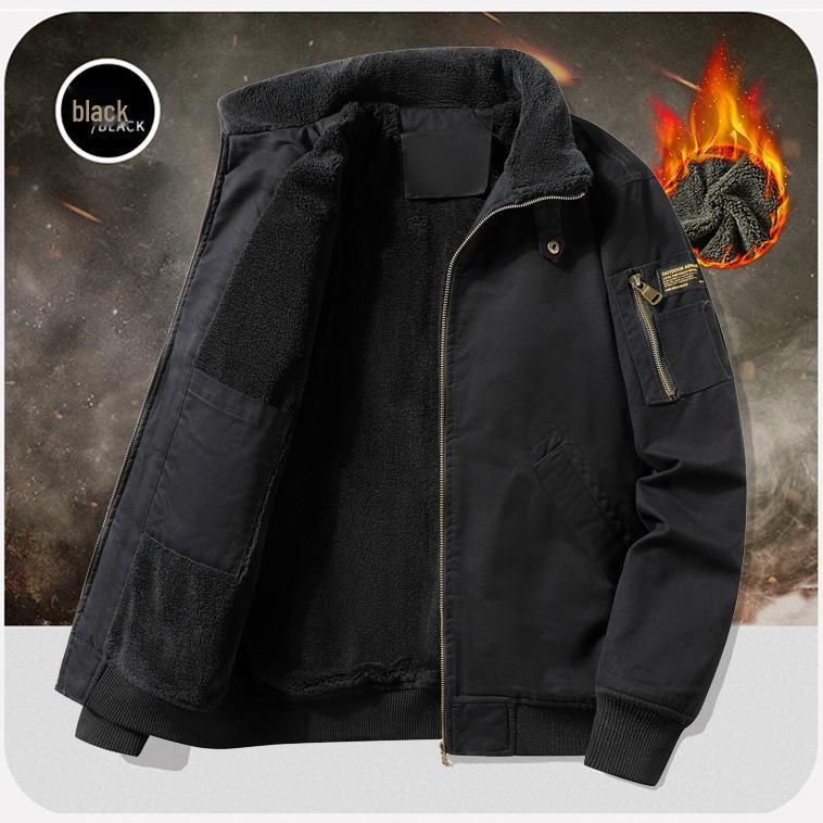Men's Fleece-Lined Cross-Opening Flight Jacket - Thickened Autumn/Winter Washed Workwear Casual Top