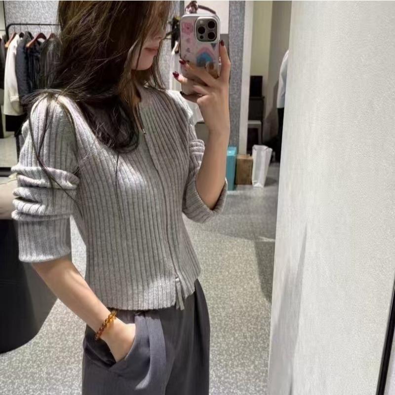 Knitted Knit Sweater with Zipper Slim Fit Sweater Early Autumn Women's Top Round Neck