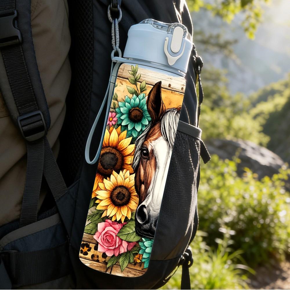 1 Stück Sonnenblumenpferd Westlicher Country-Druck 750ml Farbe Kunststoff Sport-Wasserflasche Auslaufsicher Klappdeckel mit Strohhalm Geeignet für Sport Büro Hausgebrauch