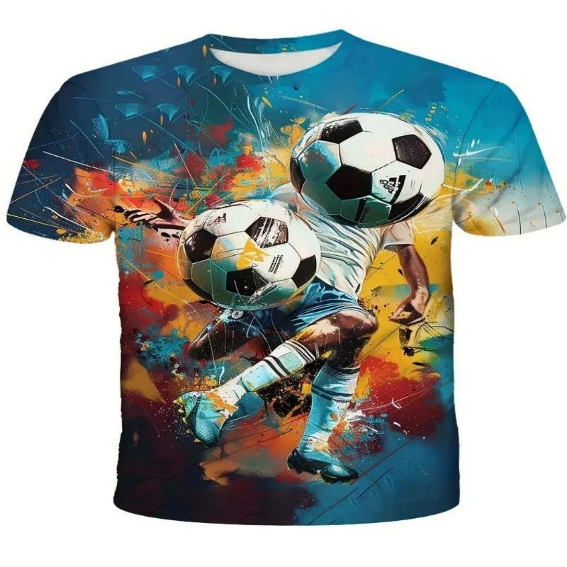 

2026 Summer new Sports Soccer Print 3d T-shirt Children s short-sleeved casual clothing Children s clothing Fashion T-shirt Boys 160