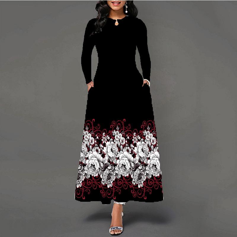 Women's large-size dress digital printing long-sleeved pendulum D temperament elegant