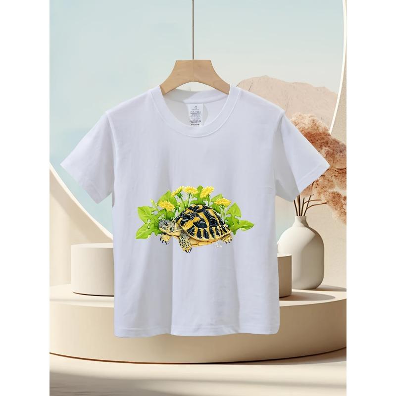 Children Crew Neck Short Sleeve T-Shirt with Turtle & Leaf Print 110 белый
