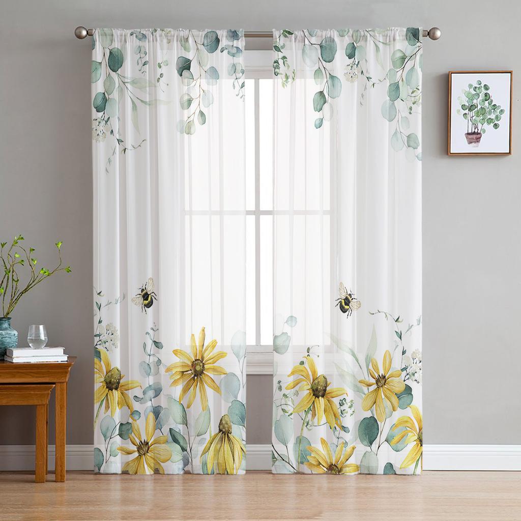 Bee Honey Chrysanthemum Flower Yellow Sheer Drapes for Living Room Decoration Window Curtains Kitchen Curtains