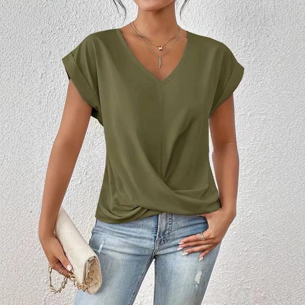 Summer Solid-color Fitted V-neck Women's Short-sleeved T-shirt