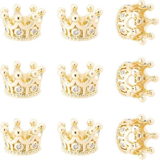 

NBEADS 10 Pcs Cubic Zirconia Pave King Crown Beads, 11x7mm Golden Color Bracelet Spacer Charm Beads Large Hole Loose Beads for Bracelet Necklace DIY Golden+Clear CZ/ M