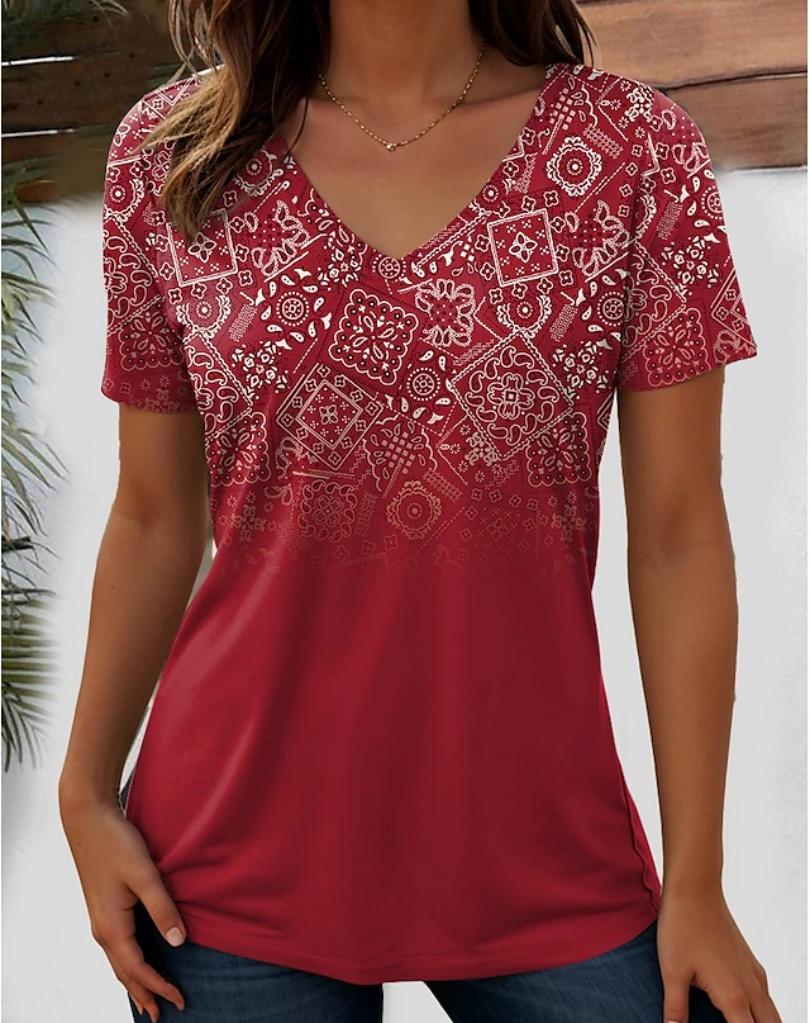 Harajuku Wind Ladies V-neck T-shirt Summer Outdoor Casual Short Sleeve Tops Retro Street Flower Print OverSize Women's Clothing
