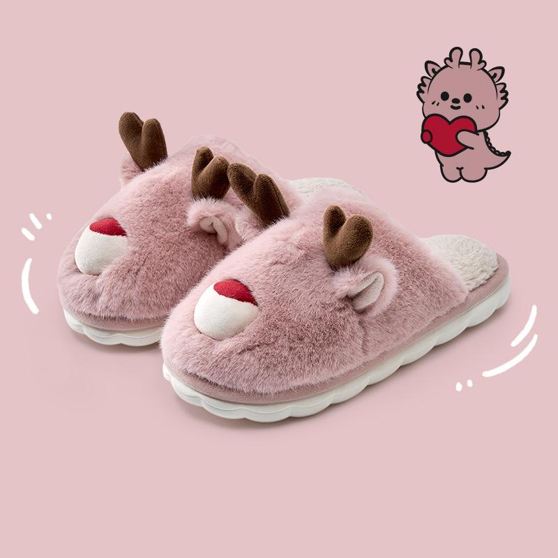 Cartoon elk horn fluffy slippers 2025 new autumn and winter indoor home non-slip can be worn outside warm cotton slippers