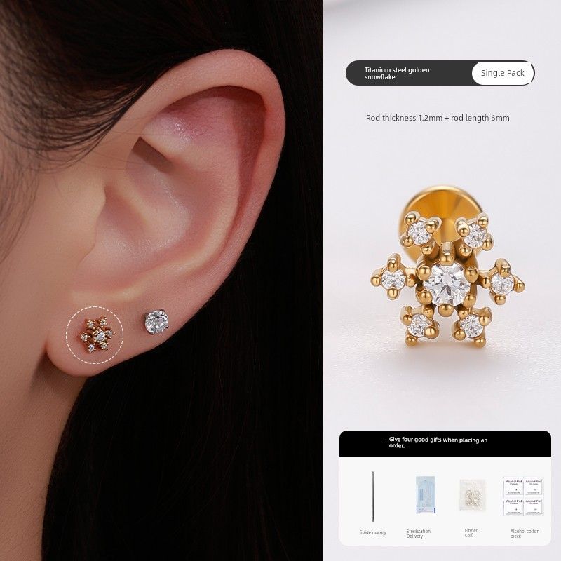

Medical Titanium Steel Material Double Ear-Hole Ear Studs Unique Edge Ear Bone Stud Ear-Caring Sleep No Need to Take off Female Student Party [Single Pack] 1.2 thick rod 6mm long