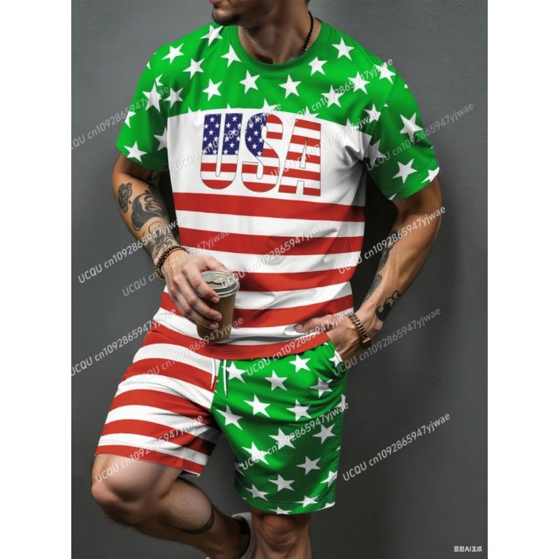 

2026Summer Usa Flag Print Stars Stripe Men s Tracksuit 2 Pieces Set Casual Sport XXS
