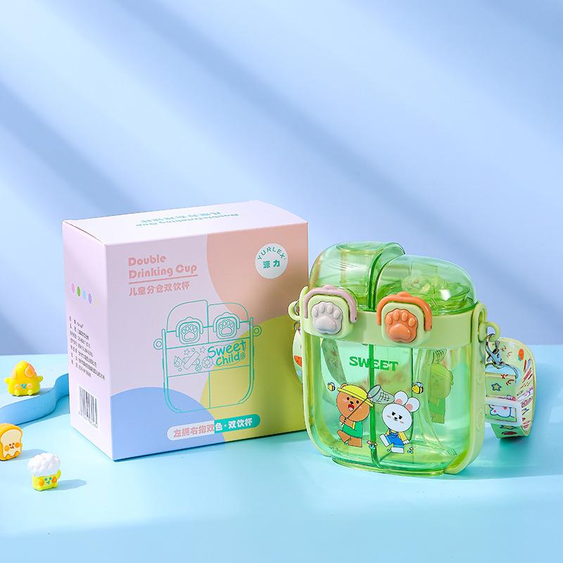 Children's Double-drinking Water Cup with Separate Compartments, Plastic Cartoon Straw Cup, Student Portable Hanging Rope Water Bottle