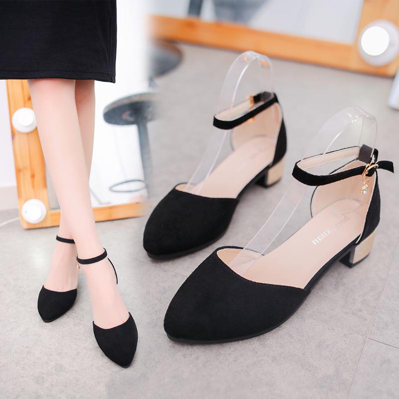 Fashion Shallow hollow women's single shoes closed toe mid-heel sandals with buckle straps pointed toe thick heels women's sandals