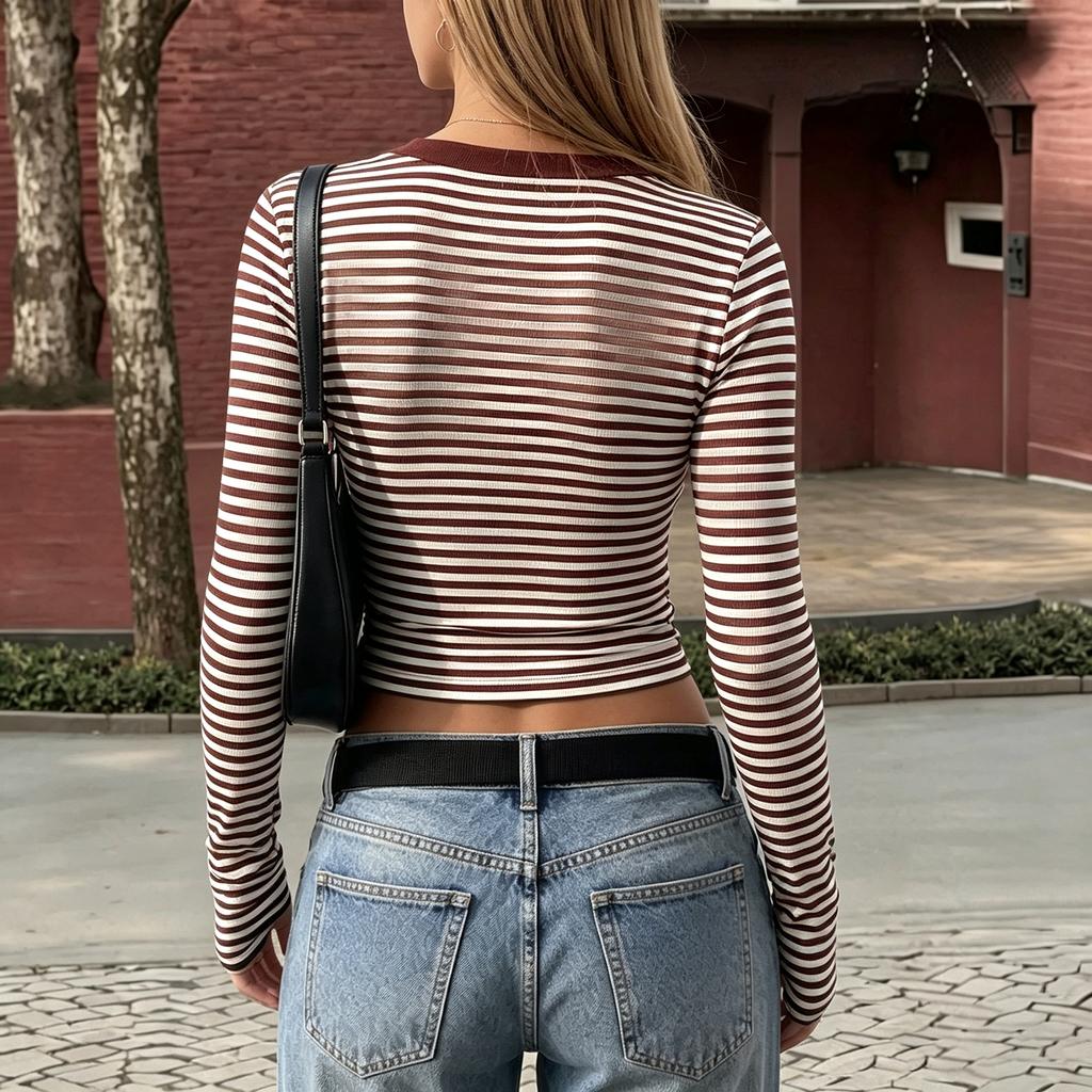 Women's Striped Long Sleeve V-Neck T-Shirt Slim Fit