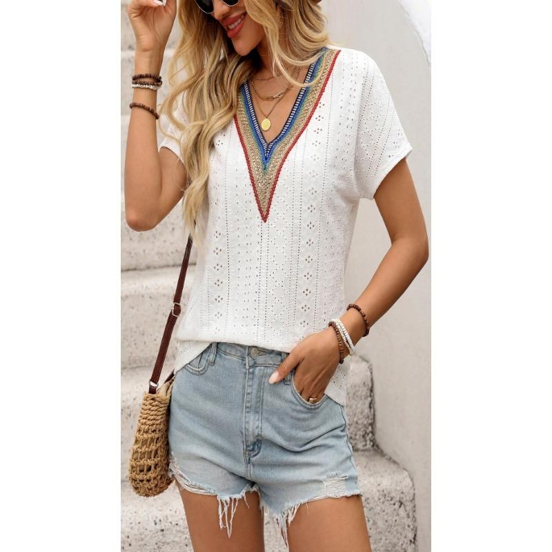 Women Ethnic Vacation Style Jacquard Lace Patchwork V Neck Batwing Short Sleeve Top