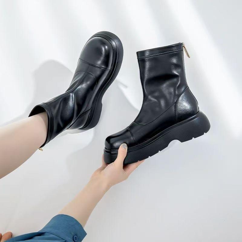 Comfortable Small Fragrant Style Solid Color Round Head Women's Boots Popular European and American Elegant Retro British Style Martin Boots