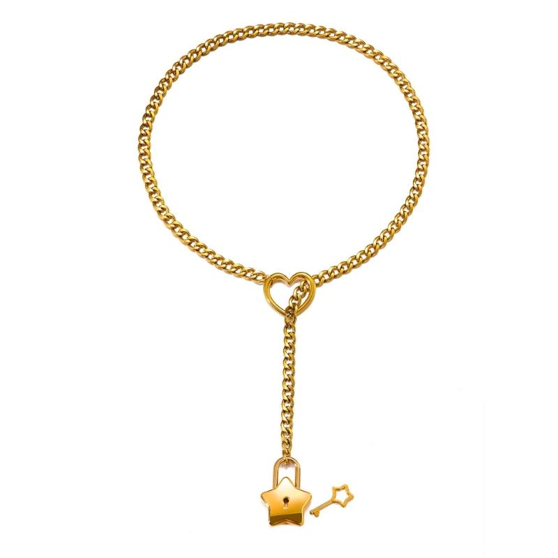 

Регулируемая по длине цепочка с сердцем и замком-звездой, прочная подвеска из сплава, в стиле кубинской цепи для модных женщин и девушек