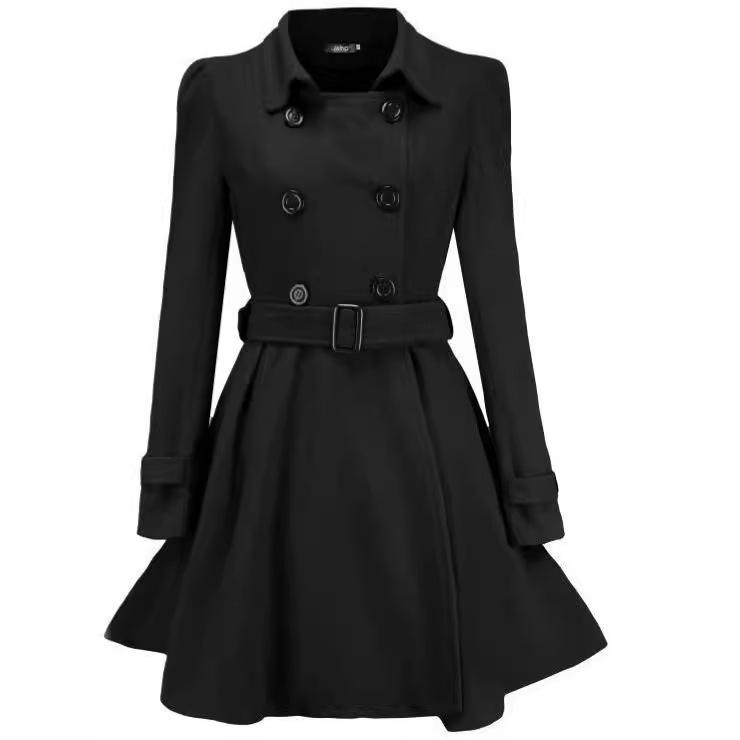 European and American Slim Fit Ruffle Wool Trench Coat with Belt Buckle - Women's Autumn and Winter Style