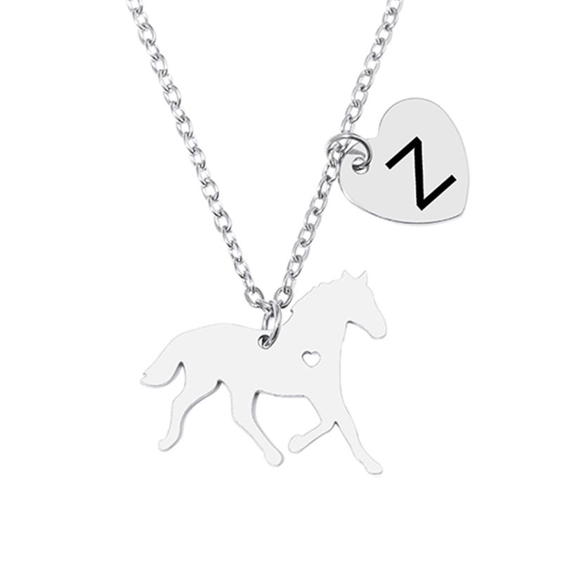 

26 Initial Letter Heart Charm Horse Pendant Necklace For Women Men Stainless Steel Equestrian Jewelry