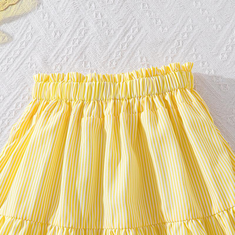 Flickornas Moderiktiga Gula Outfit - Sommar Barnens Eleganta Topp och Kjol Set