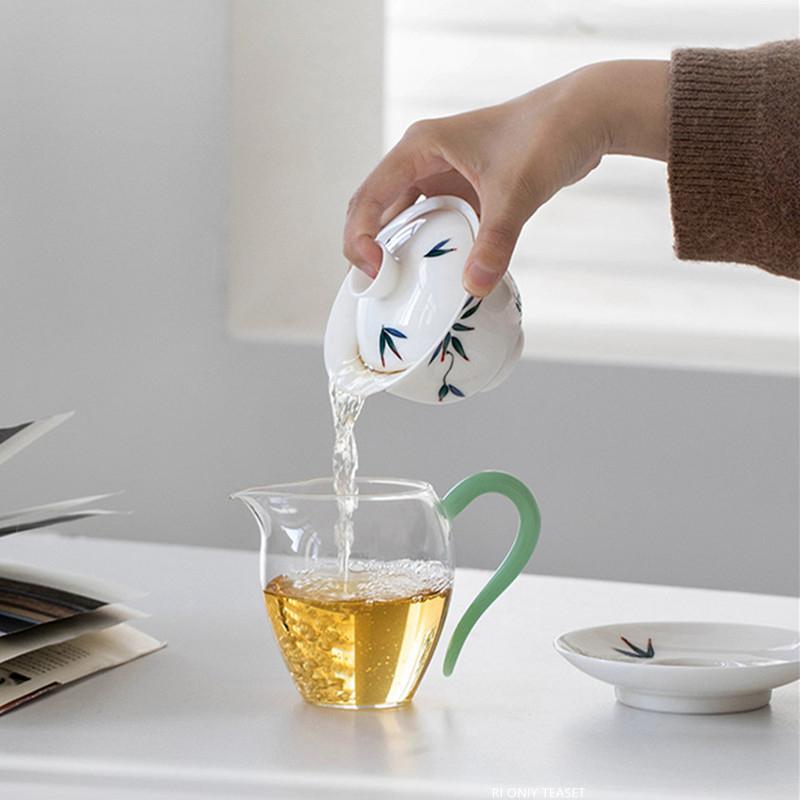 110ml Chinese White Porcelain Gaiwan Handmade Bamboo Leaf Pattern Ceramic Tea Tureen Travel Portable Tea Bowl Household Tea Set