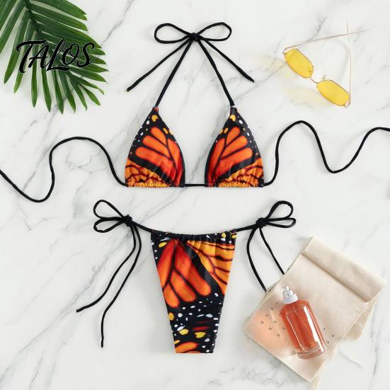 Set Bikini Stampa Farfalla Set Donna, Top con Laccetto al Collo & Perizoma Laterale, Costume da Bagno a Triangolo Due Pezzi con Fantasia, Costume da Bagno Sexy da Spiaggia per l'Estate Taglio Alto