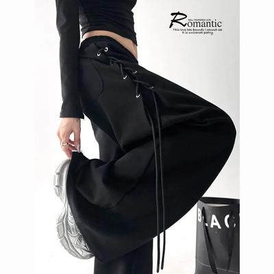 Damen High Waist Hose mit weitem Bein und seitlichem Spitzenbesatz, lässige lockere Hose für Streetwear