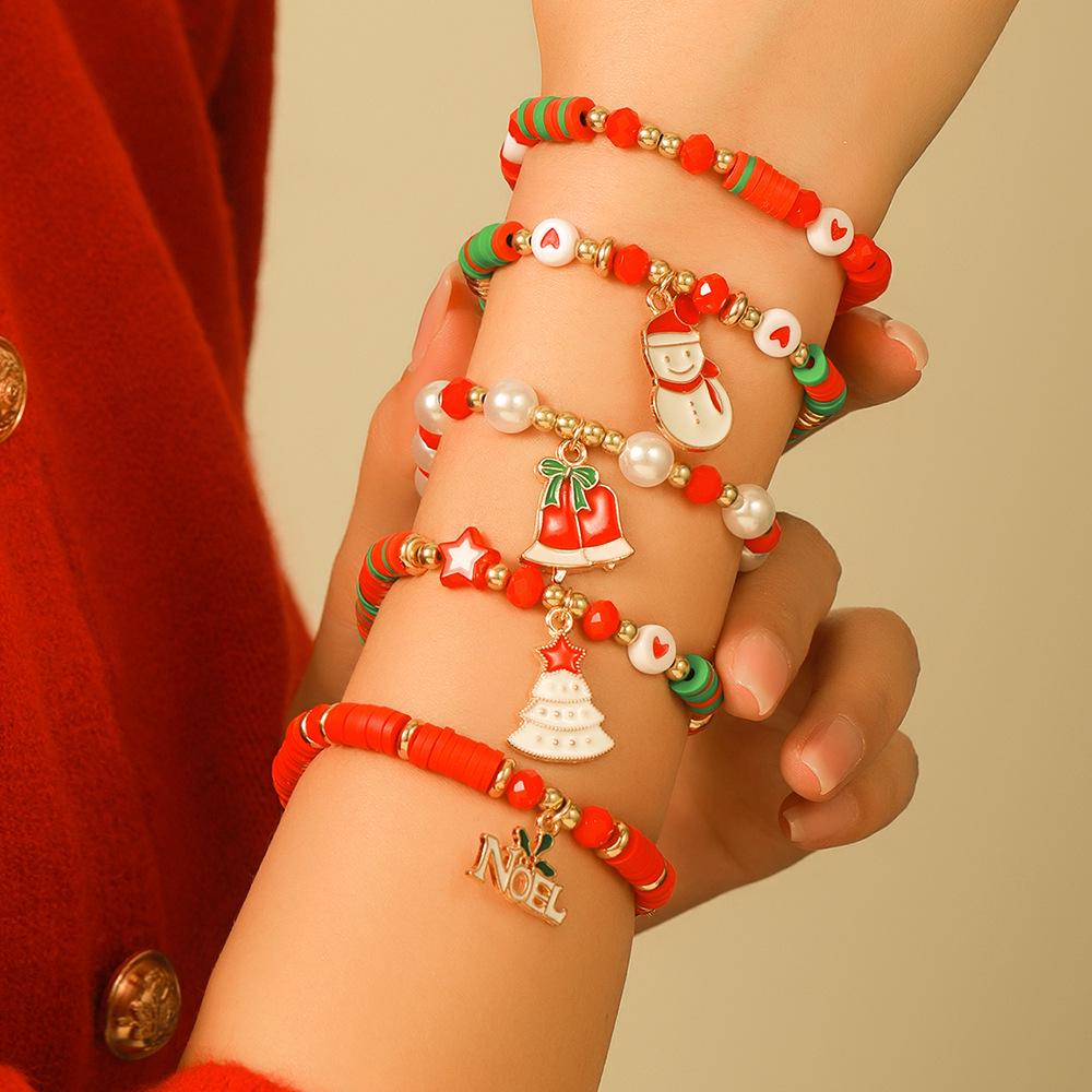 Christmas Charm Bracelet Set: Santa, Reindeer & Bell Beaded Pearl Polymer Clay Design