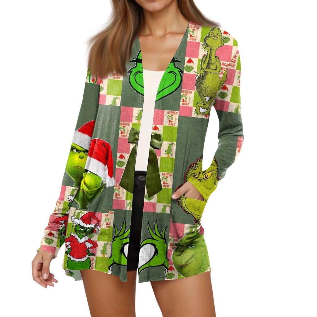 Women's Fashion Christmas Print Long-Sleeved Pocketed Slim-Fit Cardigan Coat