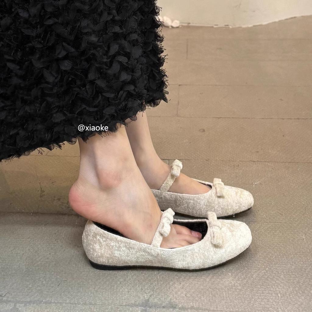 French evening wind bow square head Mary Jane shoes ballet shoes 2025 new fairy style with skirt grandma shoes