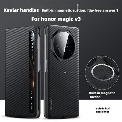 600D Carbon Fiber Kevlar Textured Matte Case for Honor Magic V3 Vs3 Magnetic Wireless Charger Flip Cover Folding All Inclusive Protection Smart Window