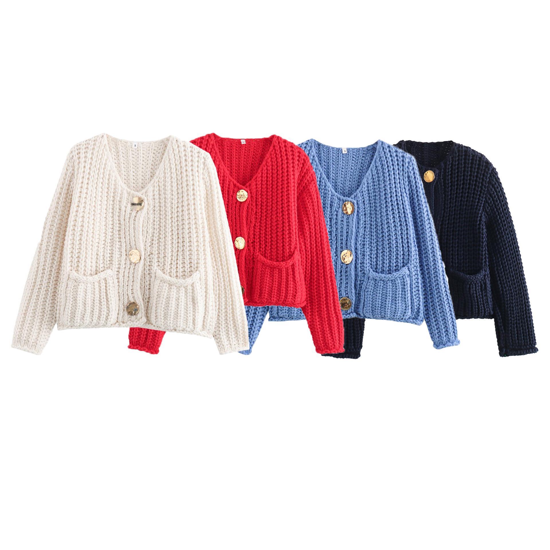 

2024 Autumn/Winter Women s European & American Solid Color Knitted Cardigan with Double Pockets Small брудно-білий
