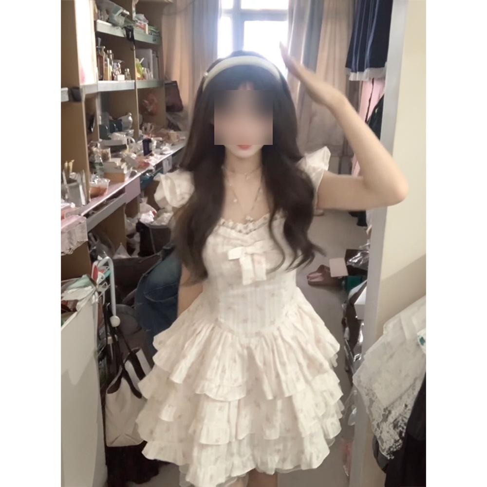 Lace patchwork small flying sleeve floral dress for women summer casual waist slimming fugitive princess A-line short