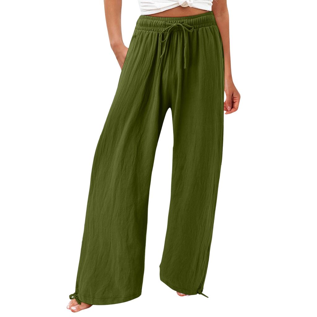 Women's Casual Fashion Color Elastic Waistband Pocket Wide-Leg Straight-Leg Pants