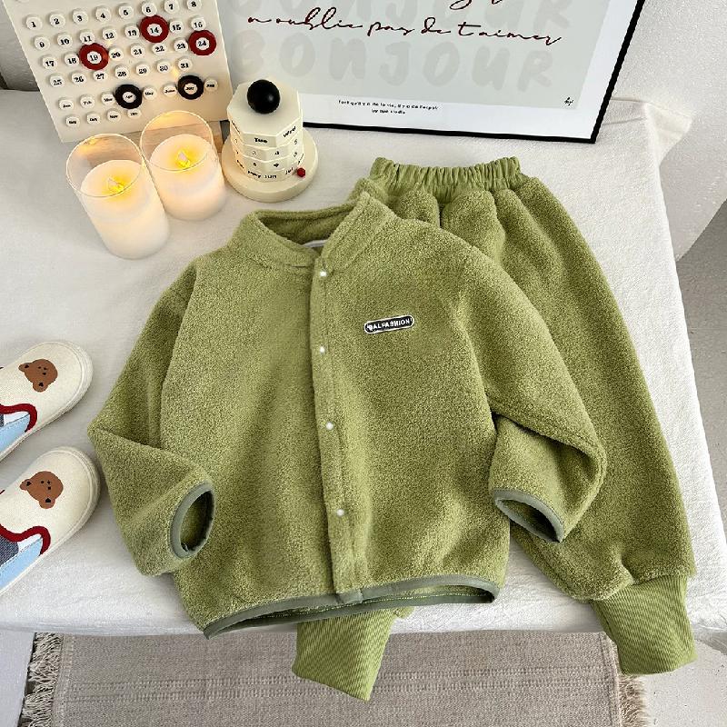 

Осенне-зимние детские флисовые комплекты: кардиган на пуговицах + брюки, 2 предмета, повседневные наряды с длинным рукавом для мальчиков и девочек, детская одежда 110 зелёный