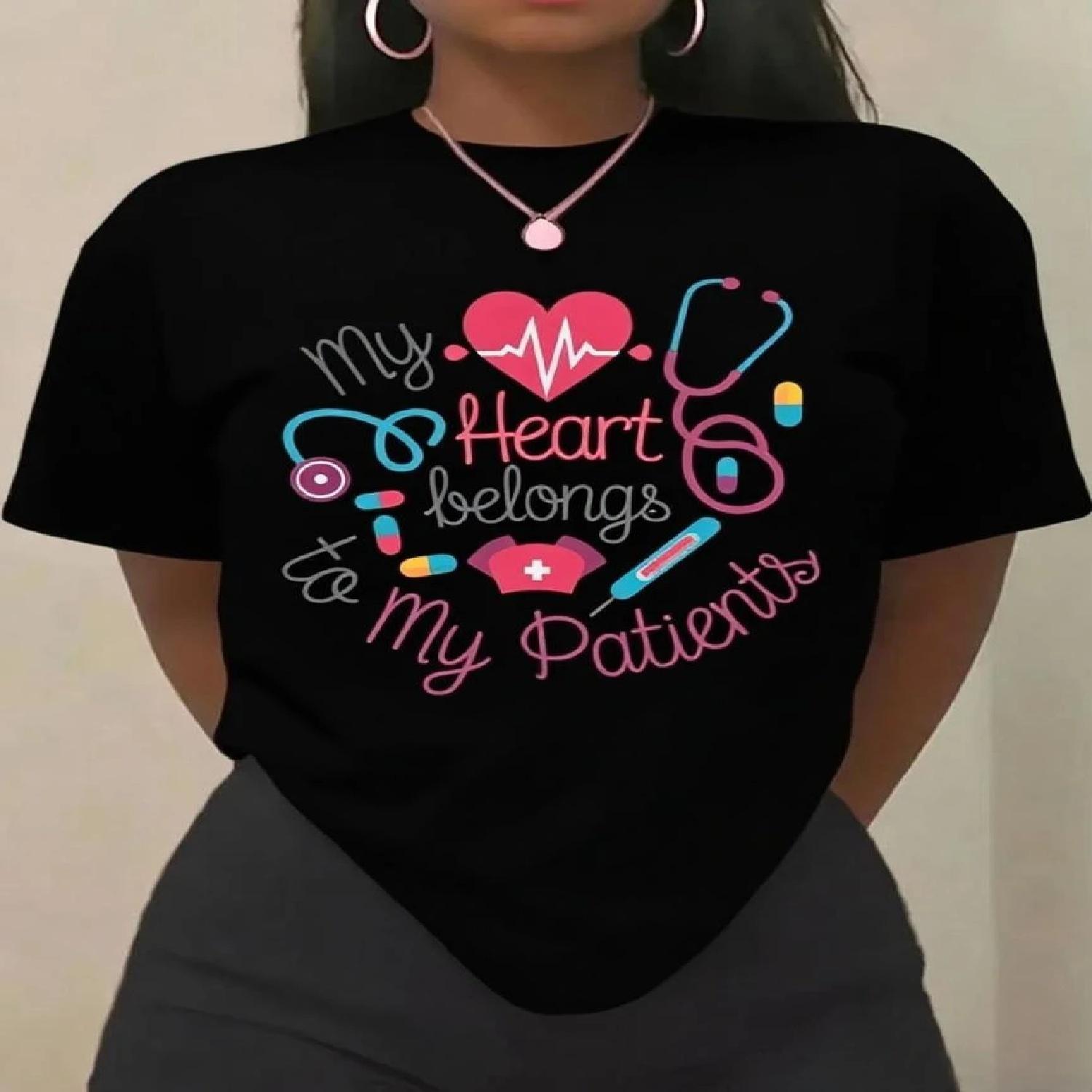 Print Tee Spring Summer Sleeve Casual Daily T Shirt My Heart Belongs To My Patients Women Nurse Aesthetic Clothes Short Sleeves XXXXL