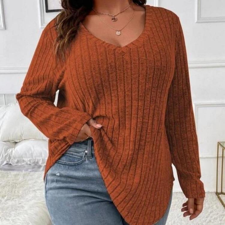 Women Plus Size Long Sleeve T-Shirt V Neck Striped Knitted Top Casual Loose Blouse Spring Solid Color Tops 5XL