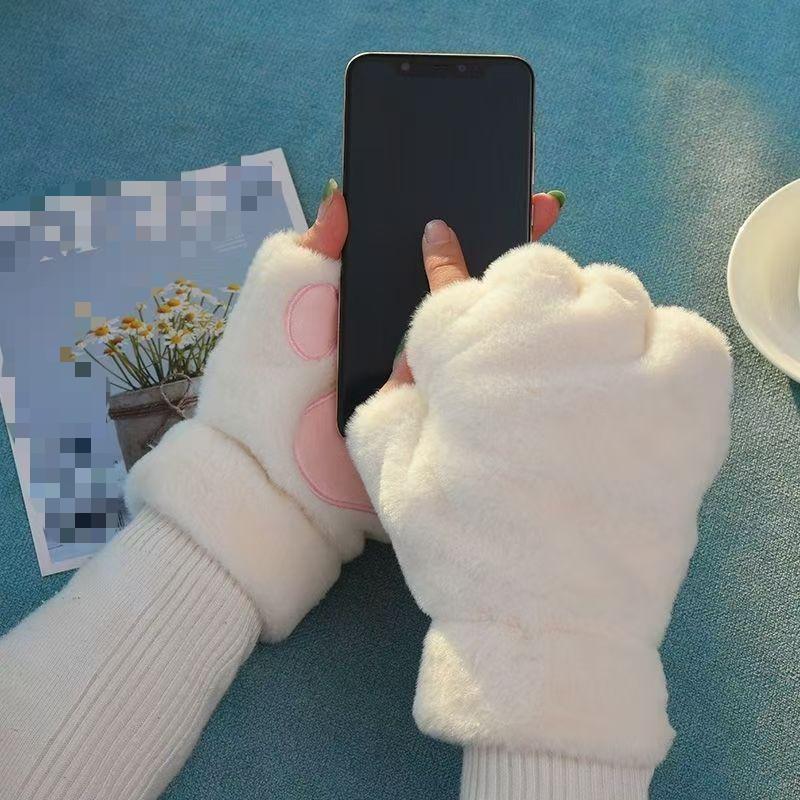 Half-finger Cat Claw Gloves Girl Winter Cute Warm Gloves Winter Plush Thickened Five-finger Plush Gloves