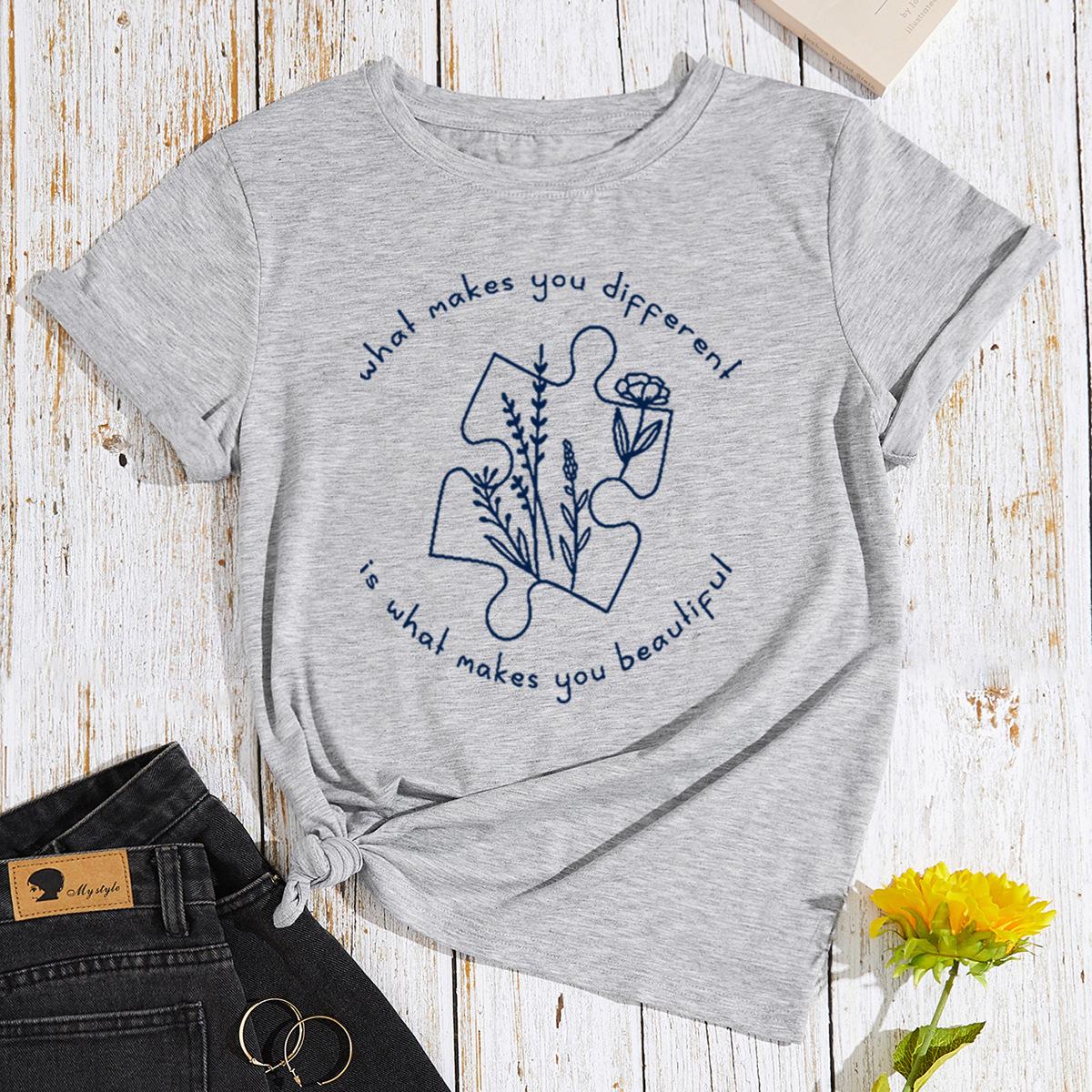 

Letter Flower Cotton T-Shirt Short Sleeve Round Neck Women 2d Print Tops S светло-серый