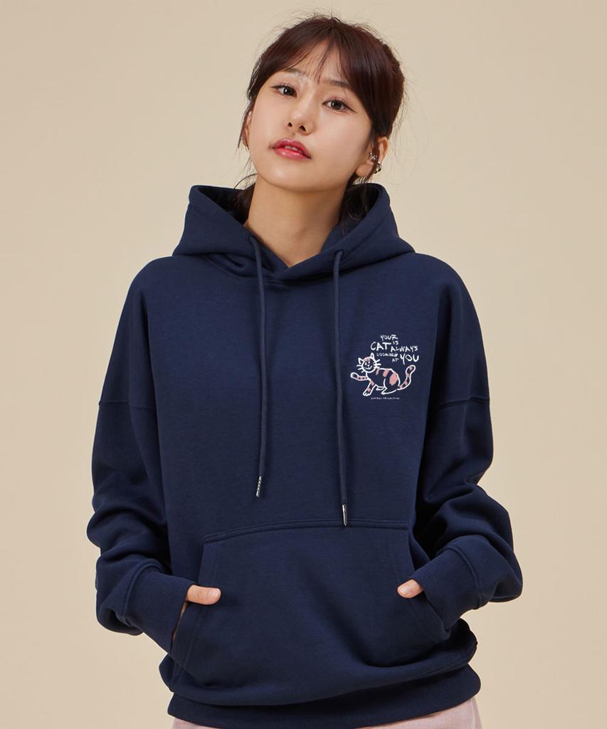 Doodle Cat Oversized Wide Shoulder Hoodie_Navy