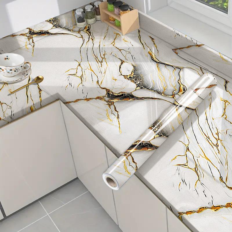 Self-Adhesive Gold Foil Marble Wallpaper Peel & Stick, Waterproof Oil-Proof Kitchen Backsplash Countertop Sticker, 5-Layer PET Wall Decal for Furnitur