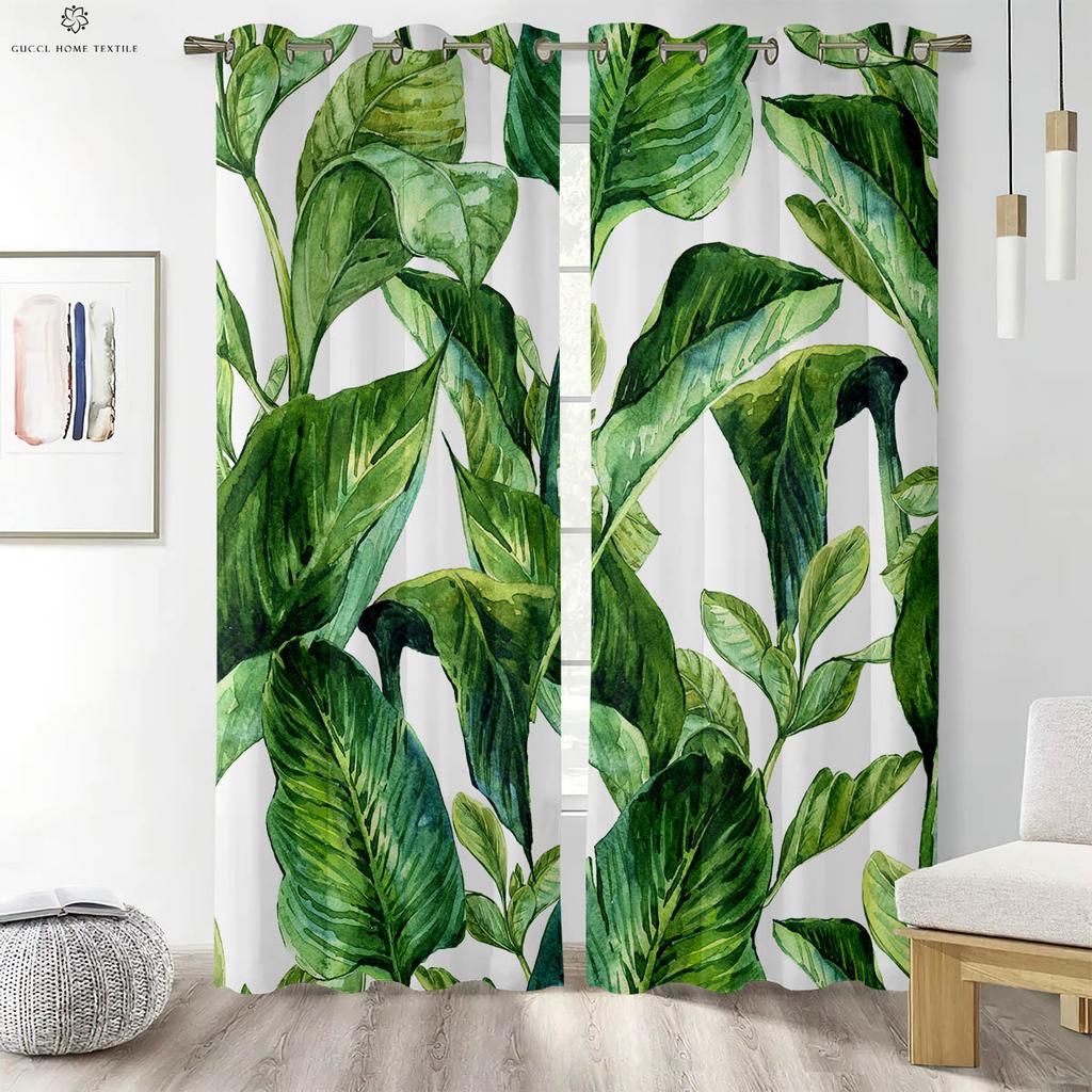 2Pcs Tropical Plant Leaves Printed Curtains 100% Polyester Machine Washable Bedroom Living Room Kitchen Decorative Curtains