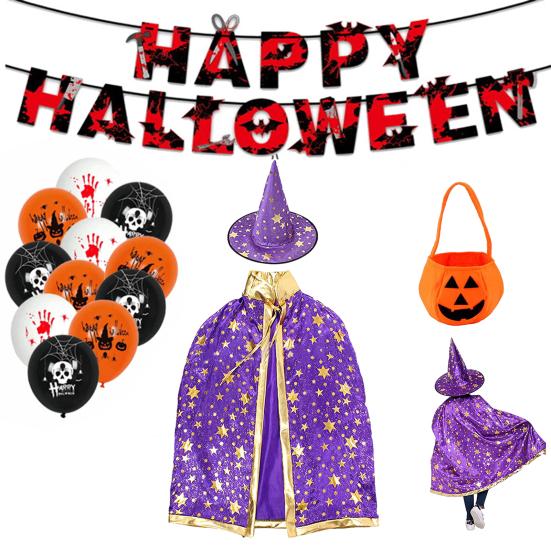 Child Witch Costume Unique Anime Cosplay Cape Hat Set Sparkling Pentagram Design with Pumpkin Bag Halloween Party Supplies