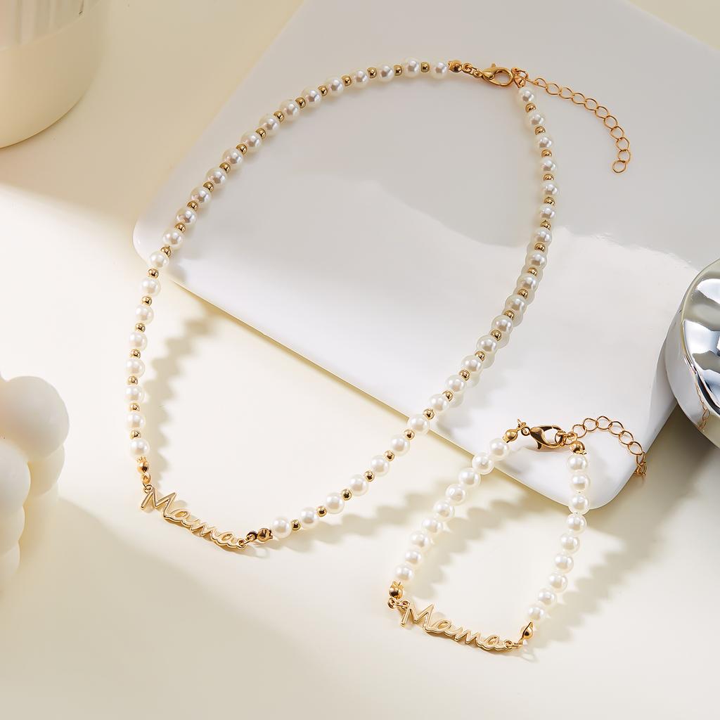 Mother's Day Mama Letter Jewelry Set, Imitation Pearl Necklace Bracelet, Daily Fashion Gift for Mom