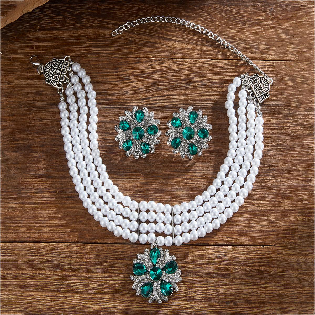 Meier European and american multi-layer pearl and diamond snowflake earring and necklace set - high-end, vintage-inspired, royal court style fashion