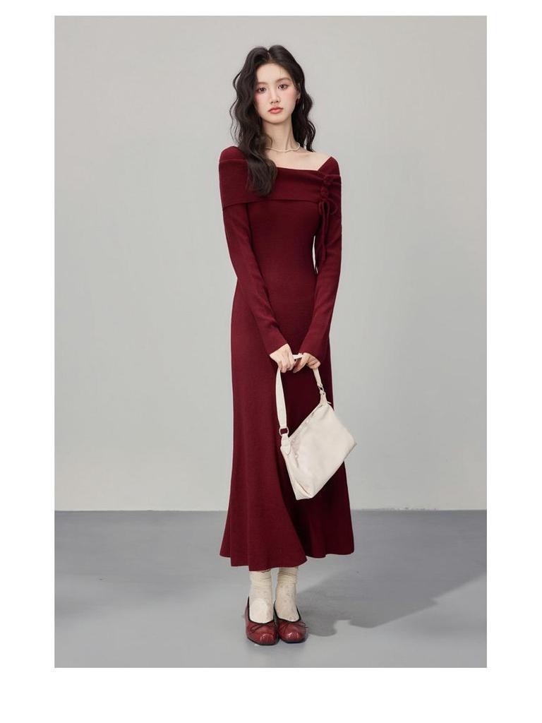 Korean Style Autumn Winter Knit Cinched Waist Slimming Long Dress for Ladies