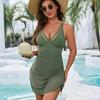 Women's One Piece Swim Dress V Neck Tummy Control Slimming Swimsuit Mesh Sheer Wrap Bathing Suit for Beach Vacation
