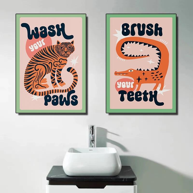Tiger Wash Your Paws Crocodile Brush Your Teeth Bathroom Poster Fun Toilet Quote Canvas Printing Wall Art Funky Room Home Decor