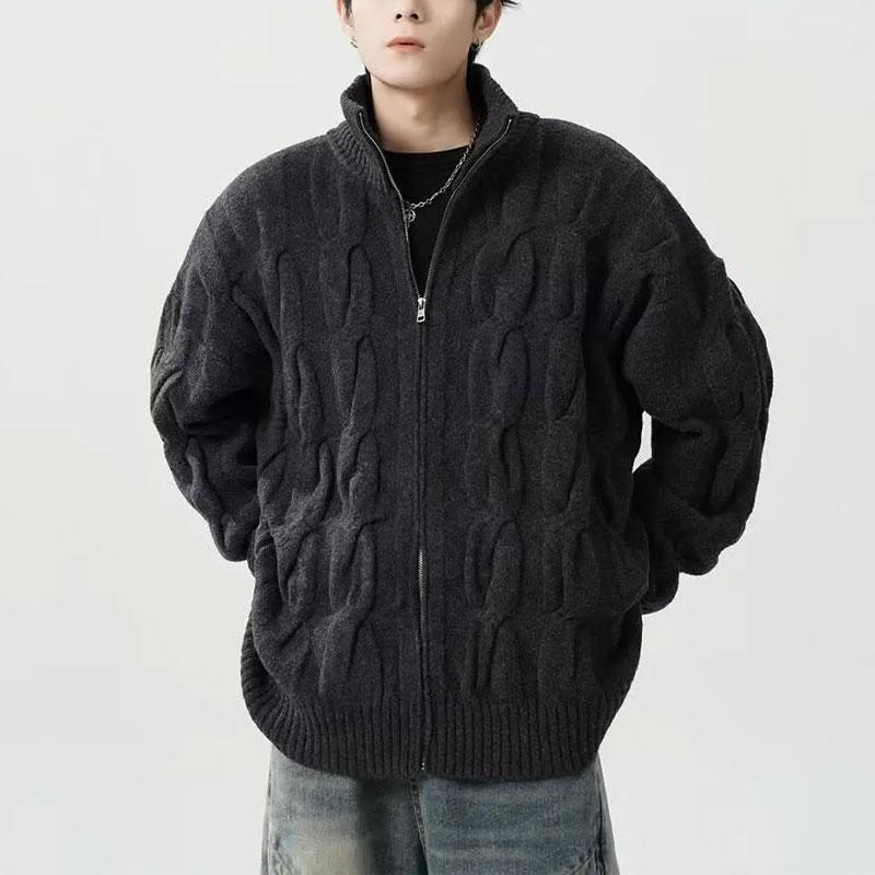 Basic Solid Color Knitted Cardigan Men's Clothing Half High Collar Autumn Winter New Retro Zipper Loose Casual Sweaters